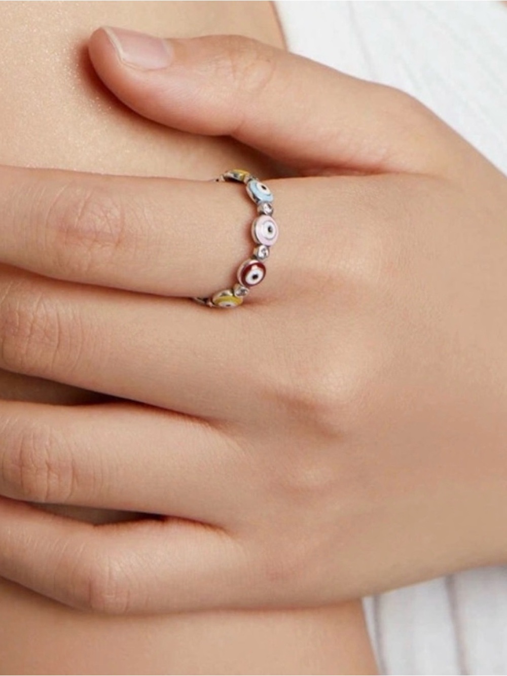 Silver Multi-Color Evil Eye Stackable Ring - Picture 2 of 3